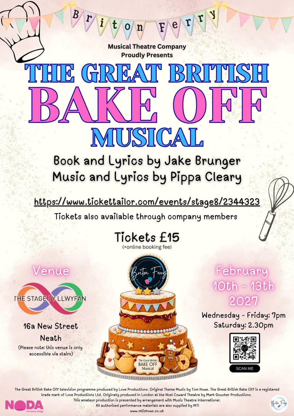 Show poster for The Great British Bake Off Musical: a tiered showstopper cake under bunting, February 10th to 13th 2027 at The Stage, Neath, tickets 15 pounds